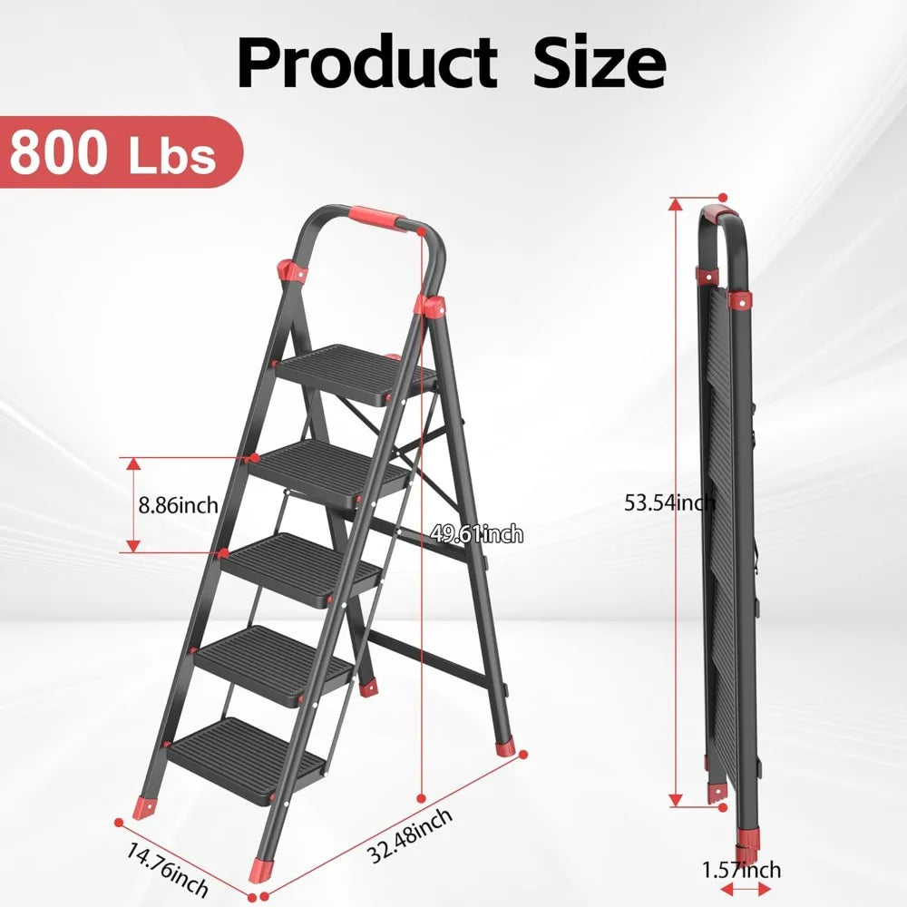 5-Step Folding Ladder 800 lbs - Anti-Slip, Black