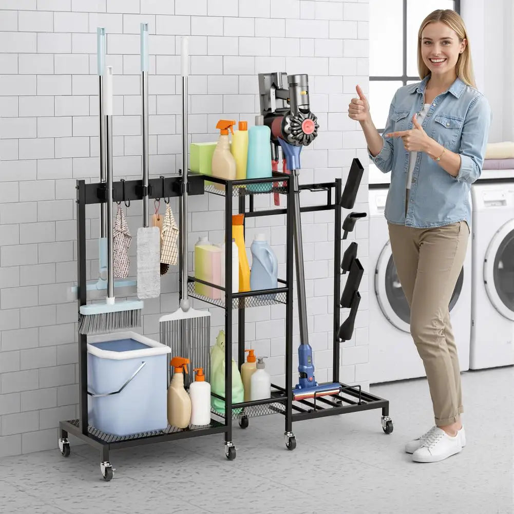 3-Tier Rolling Broom & Mop Storage Rack with Brakes