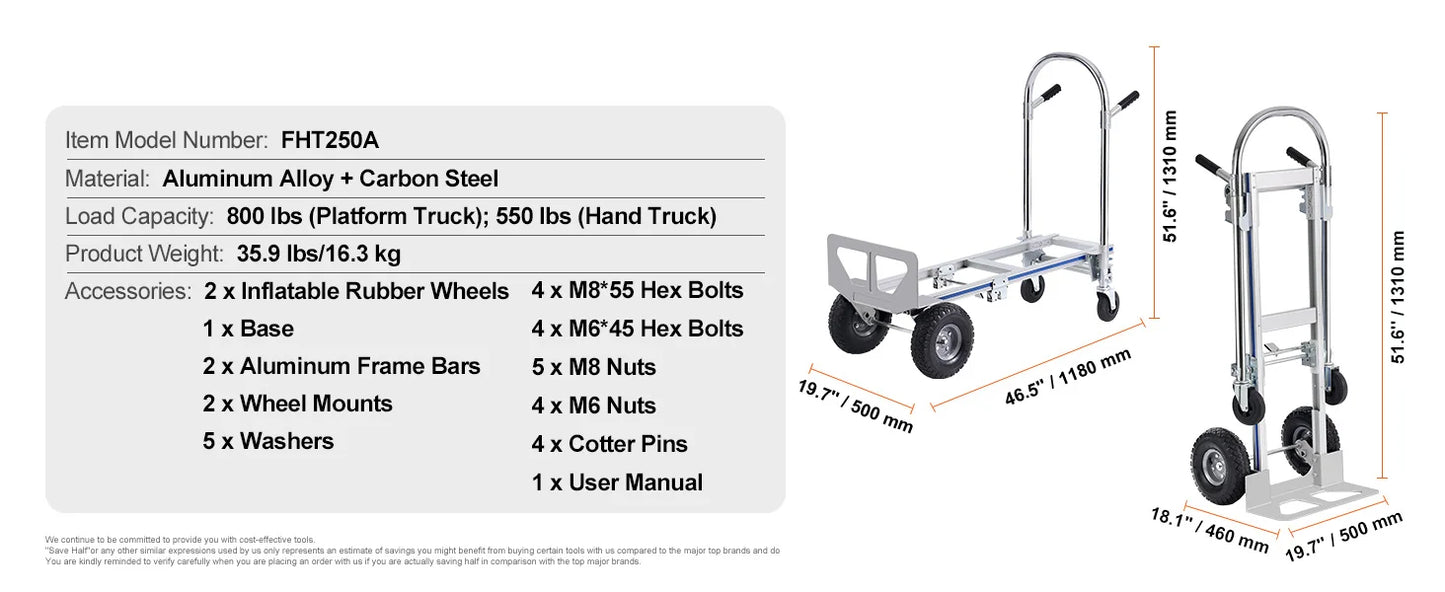 Industrial Folding Hand Truck Aluminum - Collapsible Cart