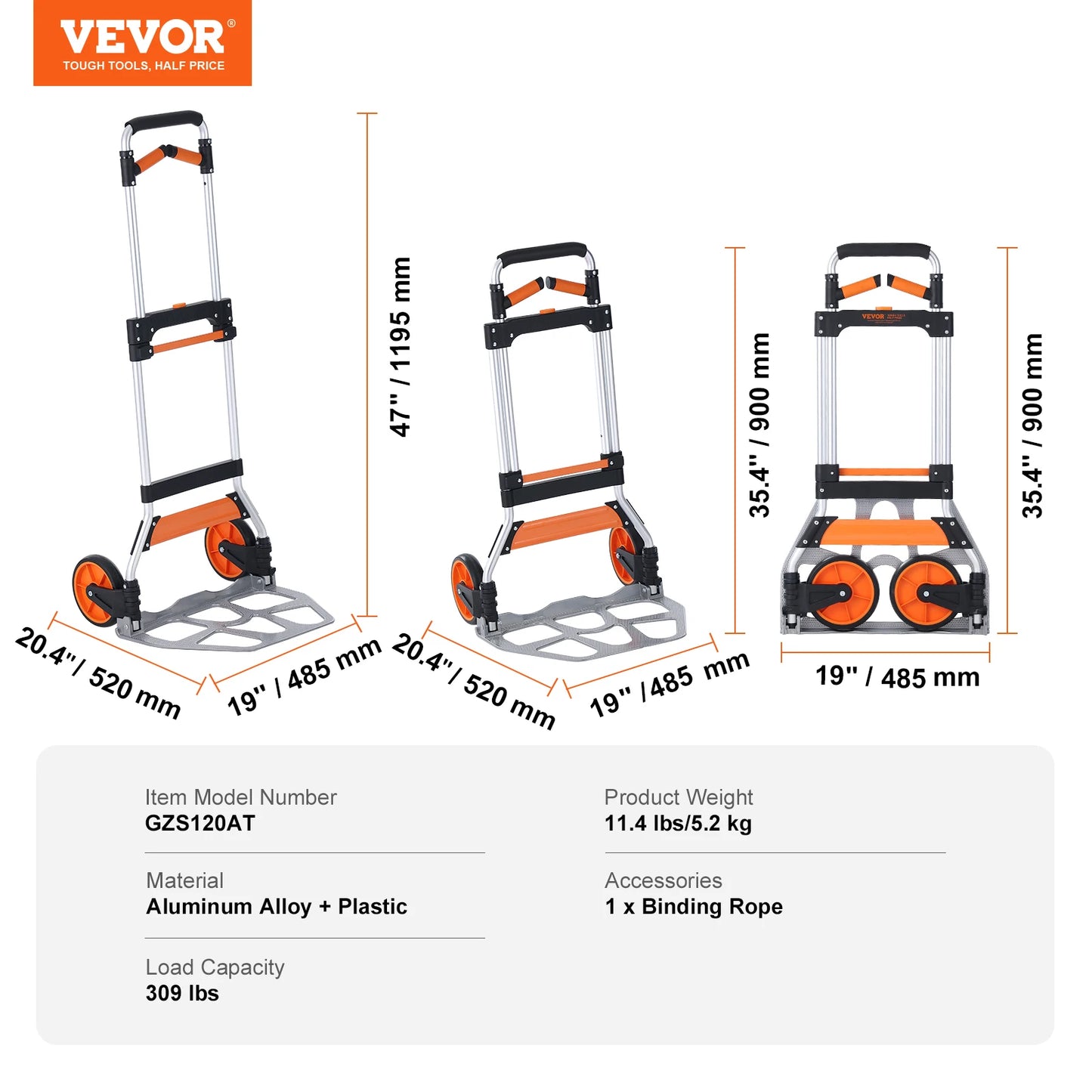 Folding Hand Truck 176-309 lbs with Telescoping Handle