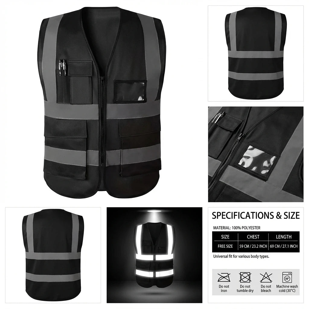 Reflective Safety Vest with Zip & Multi Pockets