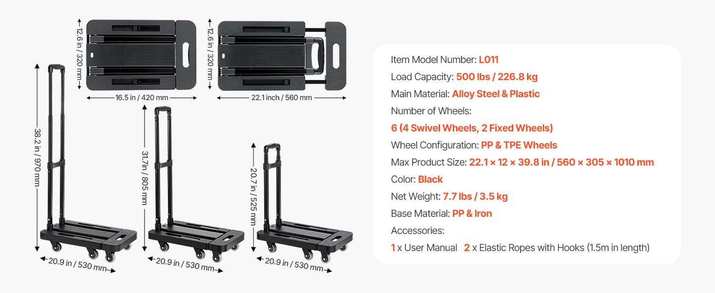 Folding Hand Truck 500 lbs with 6 Wheels & Ropes