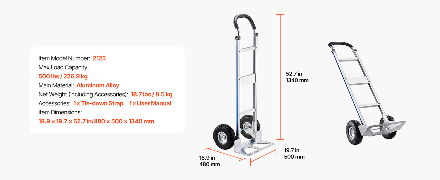 Hand Truck Dolly 500 lbs with Non-Slip Wheels