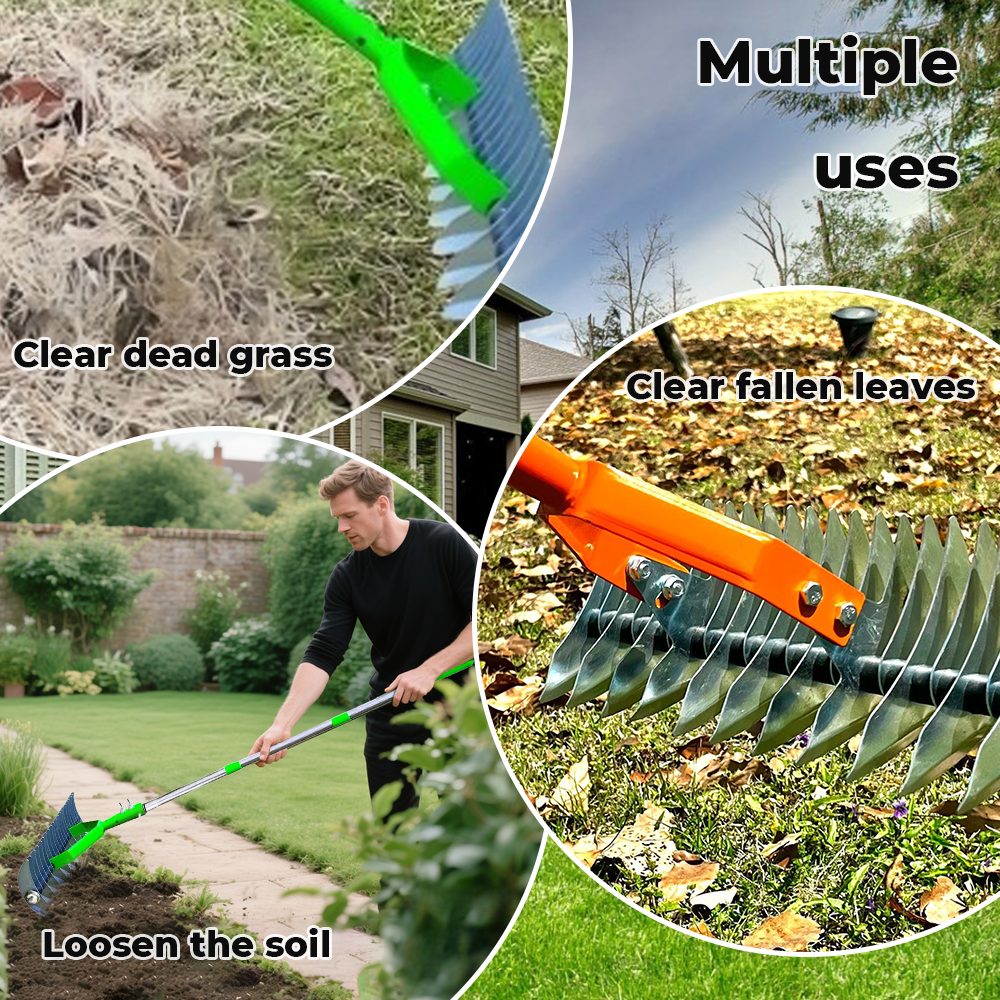 Thatch Rake for Lawn Care Detachable Dethatching Rake Garden Leaf Rake Soil Cultivator Lawn Aerator Tool with Adjustable Handle