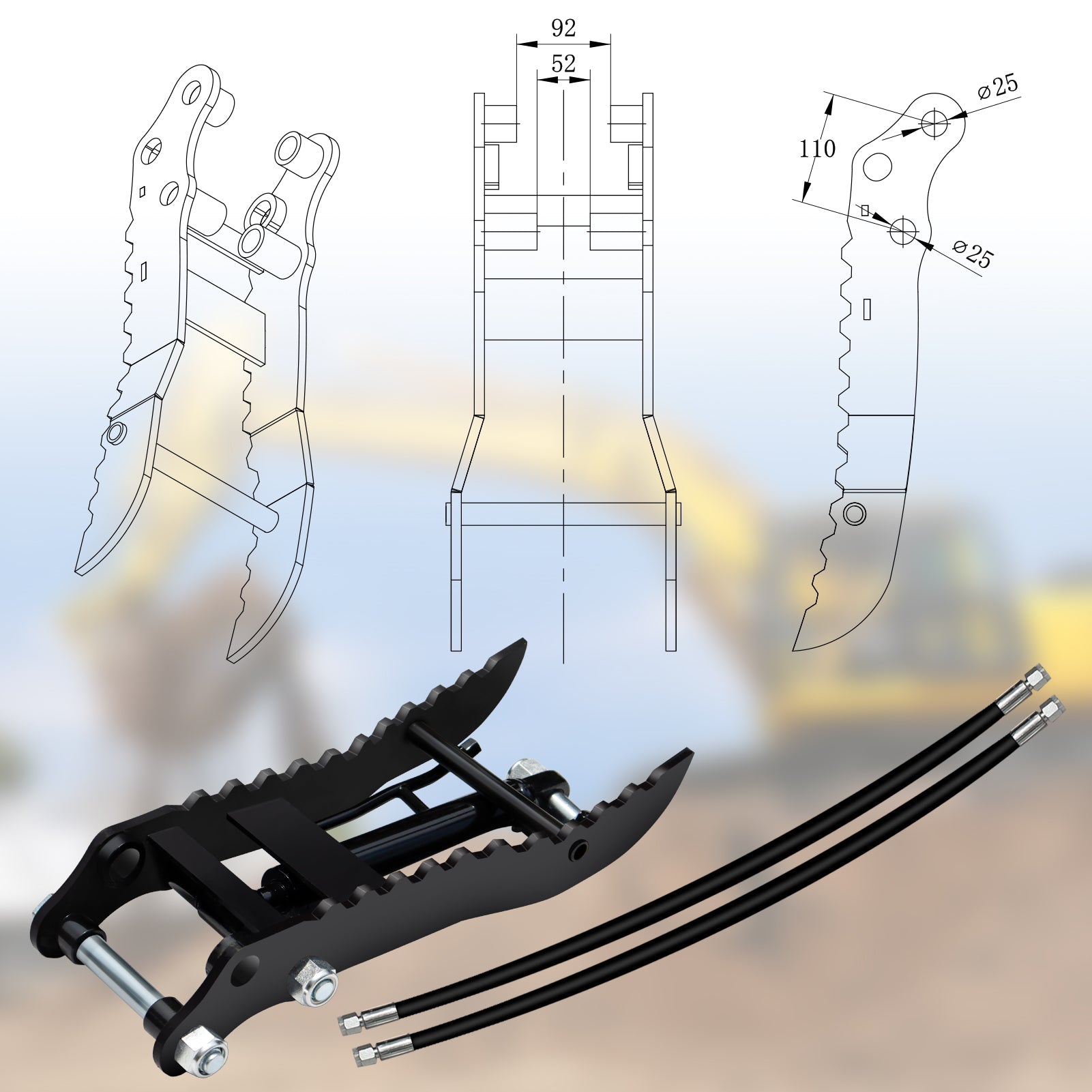 Mini Excavator Hydraulic Thumb Clip with 2 Hydraulic Cylinder for Small Digger up to 2 tons