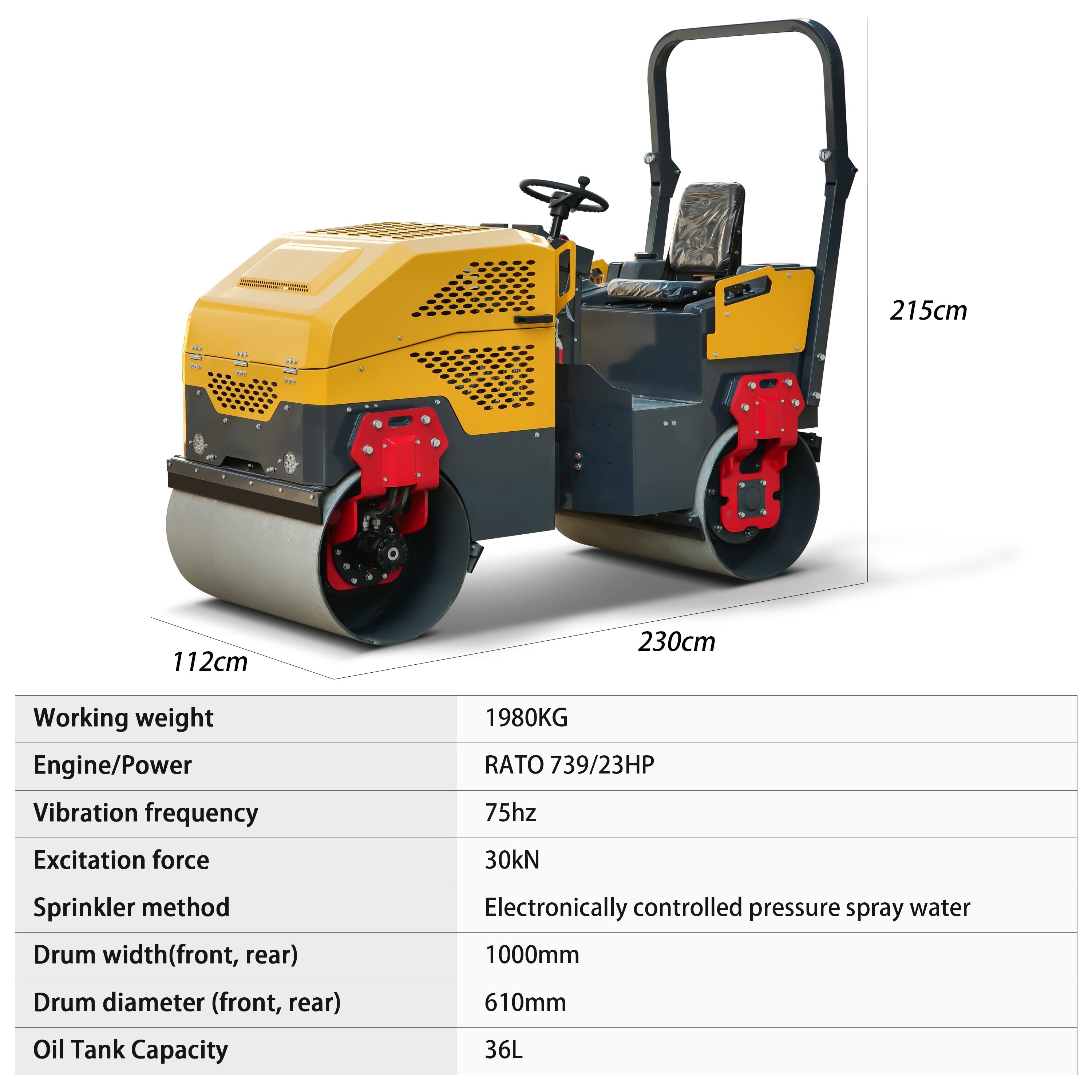 Rato Engine 2.0 ton Pavement Roller for Sale, Hydraulic Vibrating, Double Steel Wheel