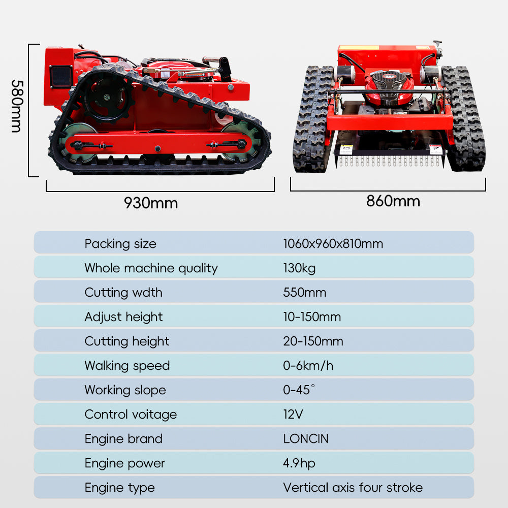 Remote Control Lawn Mower with Tracks – 21' Gasoline Mower, Adjustable Cutting Height, 45° Slope Climbing