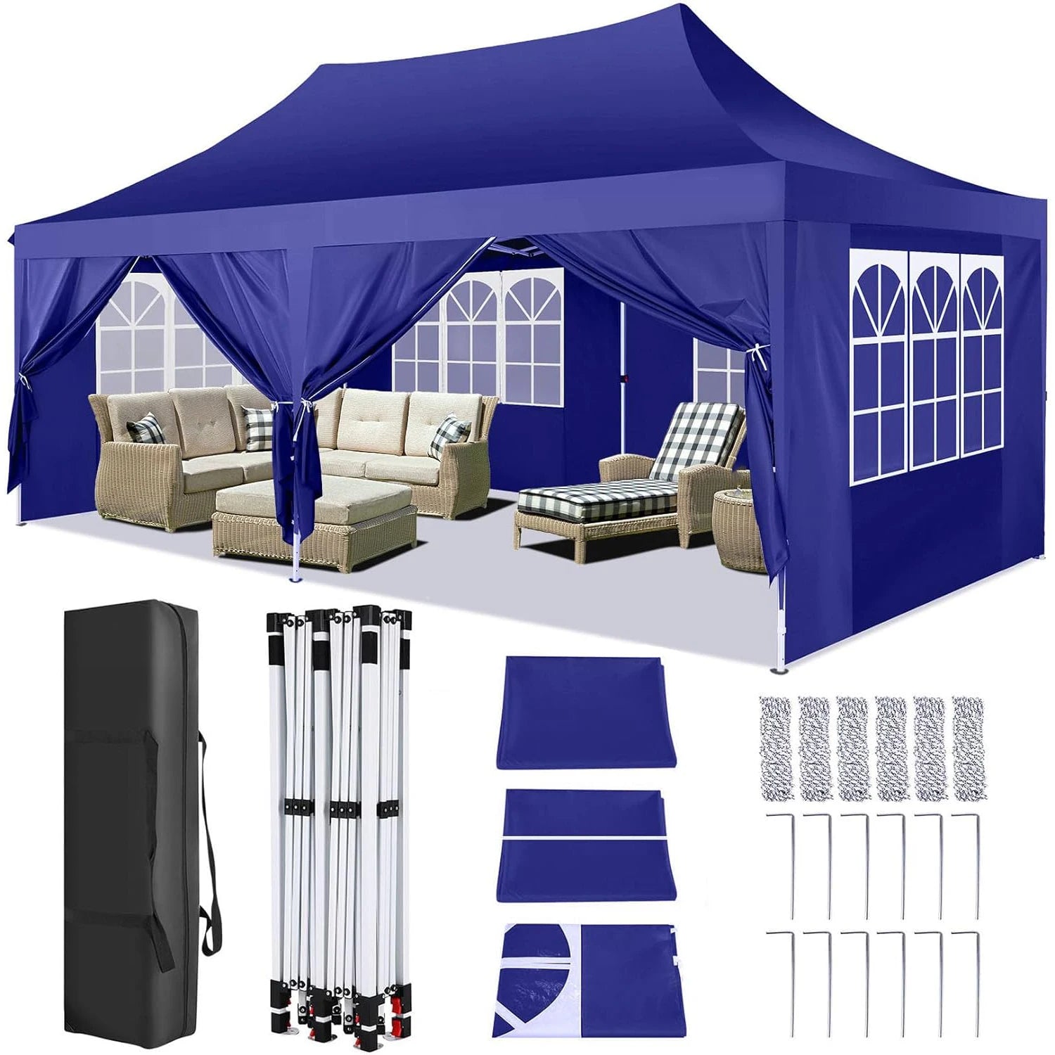 10x20ft Pop Up Canopy Gazebo With 6 Sidewall Wedding Party Outdoor Gazebos UV50+ Waterproof Tent For Parties 3 Adjustable Height