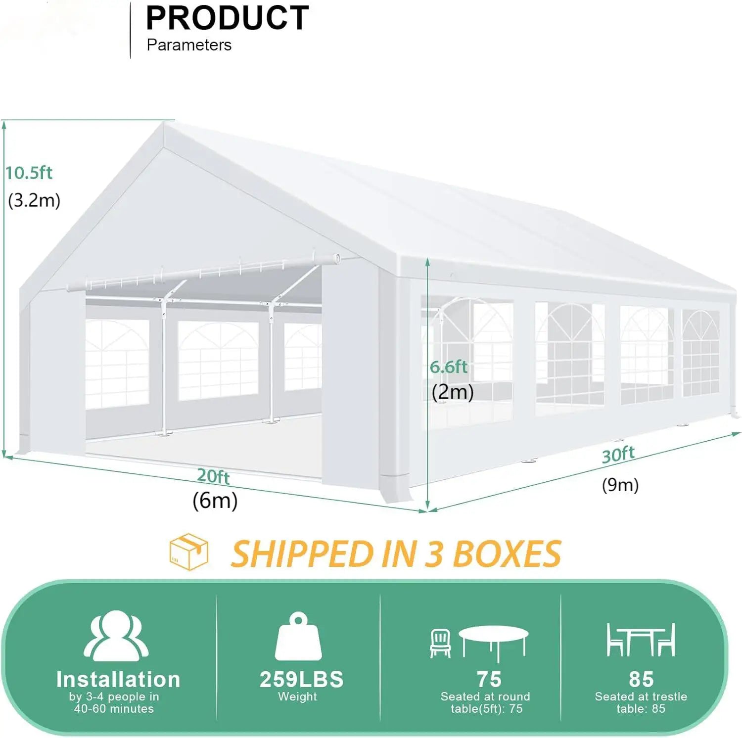 20x30ft Party Tent Gazebo Heavy Duty Canopy Banquet Shed Pavilion With 6 Sidewall Commercial Wedding Gazebo UV 50+ Waterproof