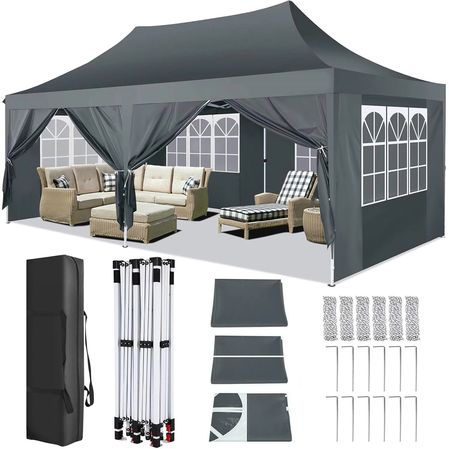 10x20ft Pop Up Canopy Gazebo With 6 Sidewall Wedding Party Outdoor Gazebos UV50+ Waterproof Tent For Parties 3 Adjustable Height