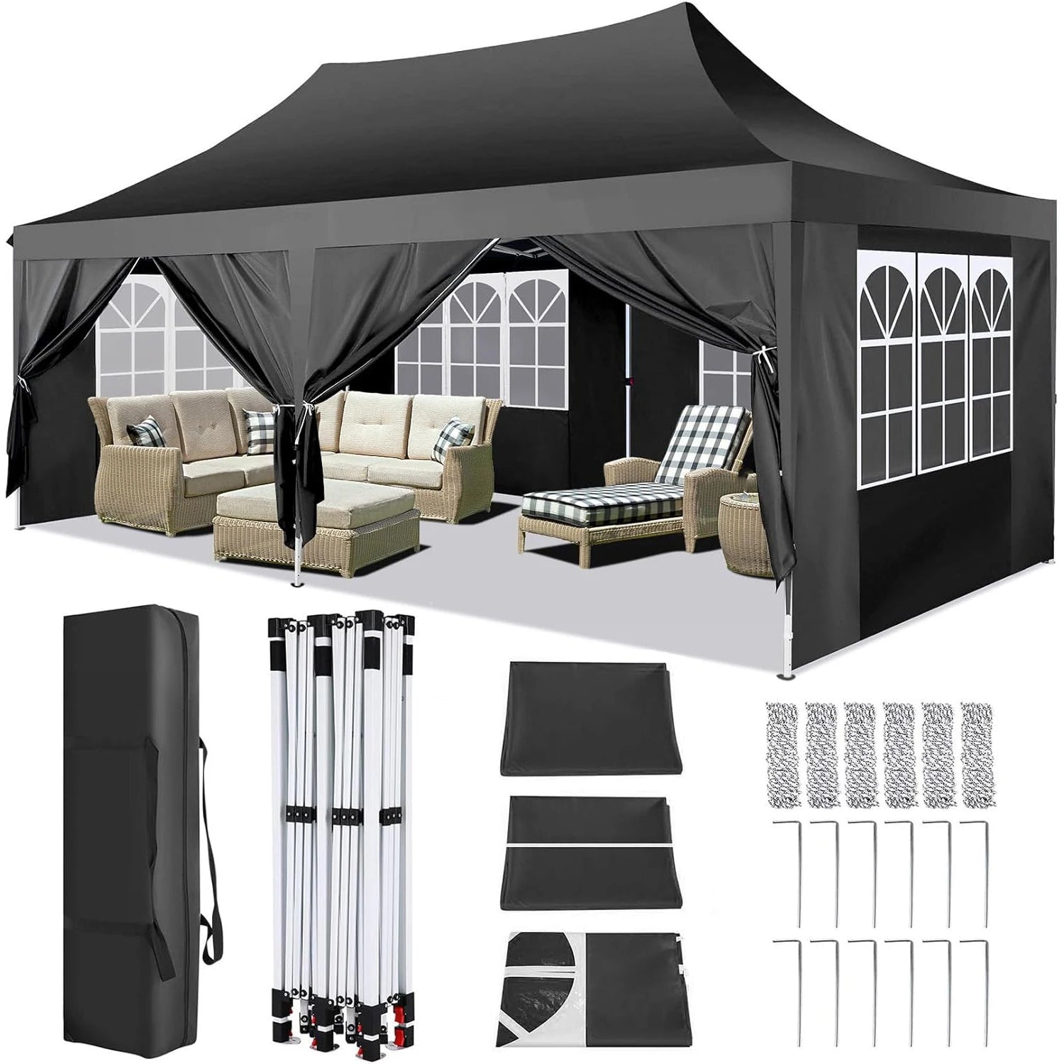 10x20ft Pop Up Canopy Gazebo With 6 Sidewall Wedding Party Outdoor Gazebos UV50+ Waterproof Tent For Parties 3 Adjustable Height
