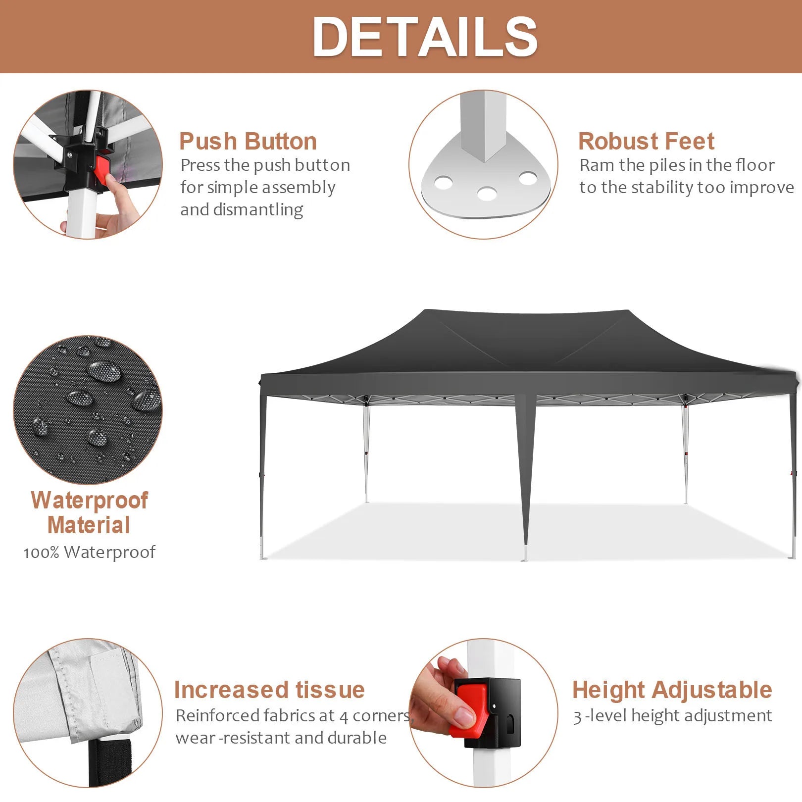 10x20ft Pop Up Canopy Gazebo With 6 Sidewall Wedding Party Outdoor Gazebos UV50+ Waterproof Tent For Parties 3 Adjustable Height