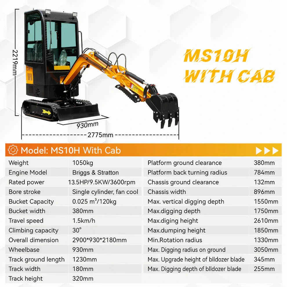 Gasoline 1-Ton Mini Excavator, 13.5 HP, with Cab