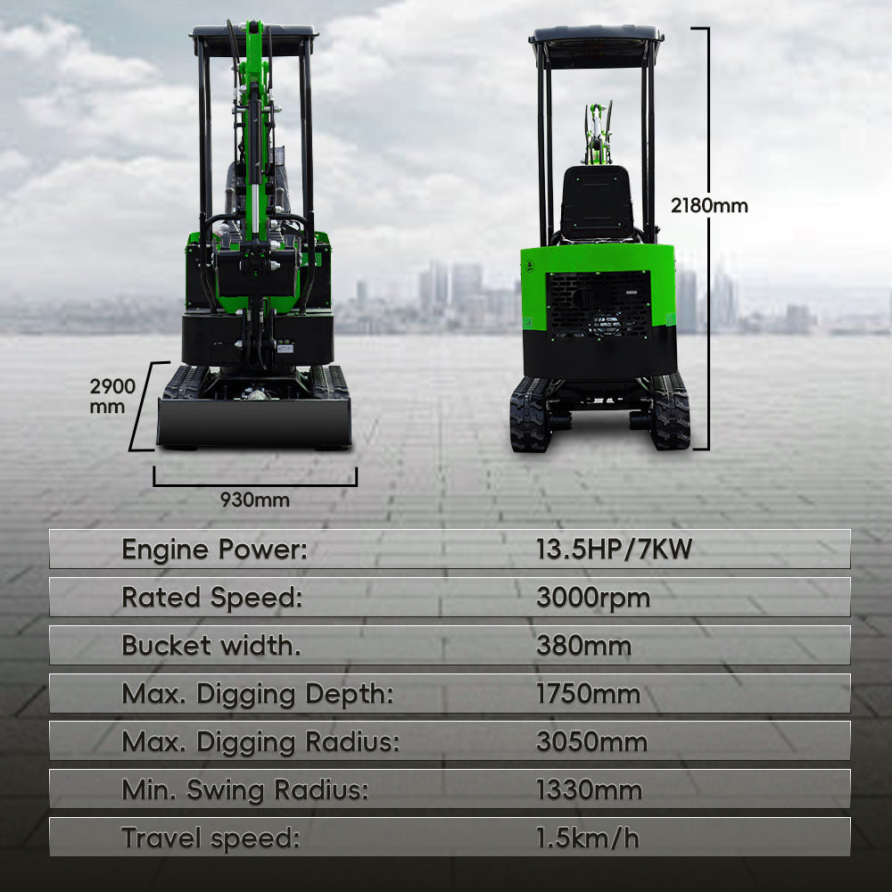 13.5 HP,1-ton Green Mini Excavator, Gasoline, With Thumb Clip For Sale