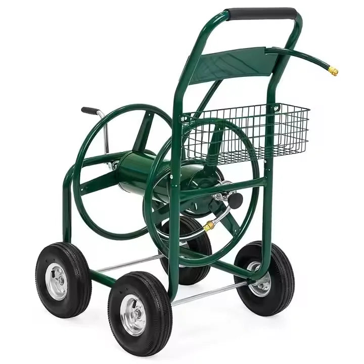 Heavy-Duty Movable Steel Gaeden Tool Cart Garden Hose Reel Cart With Basket Amd 4 Wheels For Garden Watering