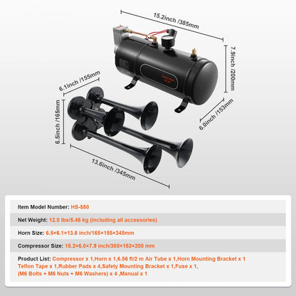 4-Trumpet Train Horn Kit 150dB - 12V Air System