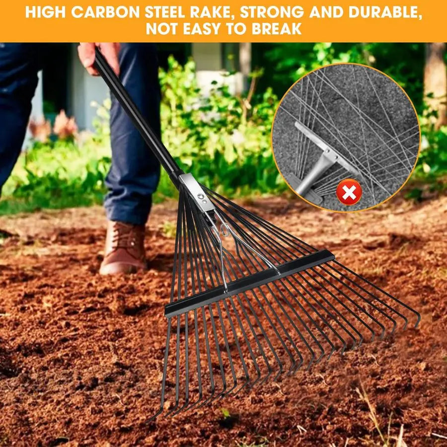 HRC Steel Gardening Leaf Rake, 24 Tines 23.2 Wide,Adjustable Split Long Handle 3367,Suitable for Raking Leaves and Lawn Tidying,