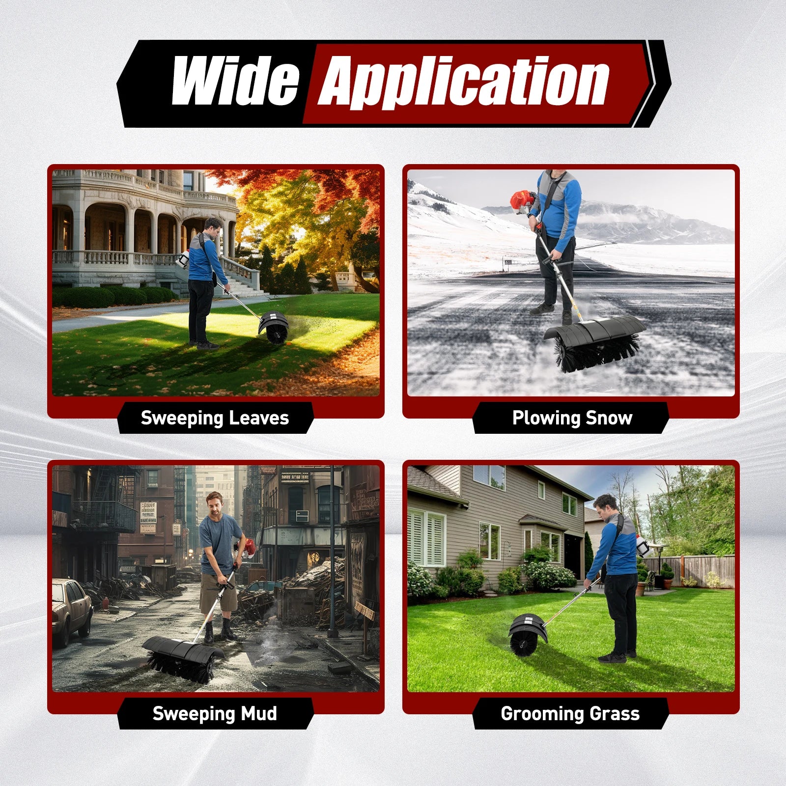 2.3HP 52CC Gas Power Walk Behind Sweeper, Hand-hold Snow Sweeper for Driveway Turf Artificial Grass