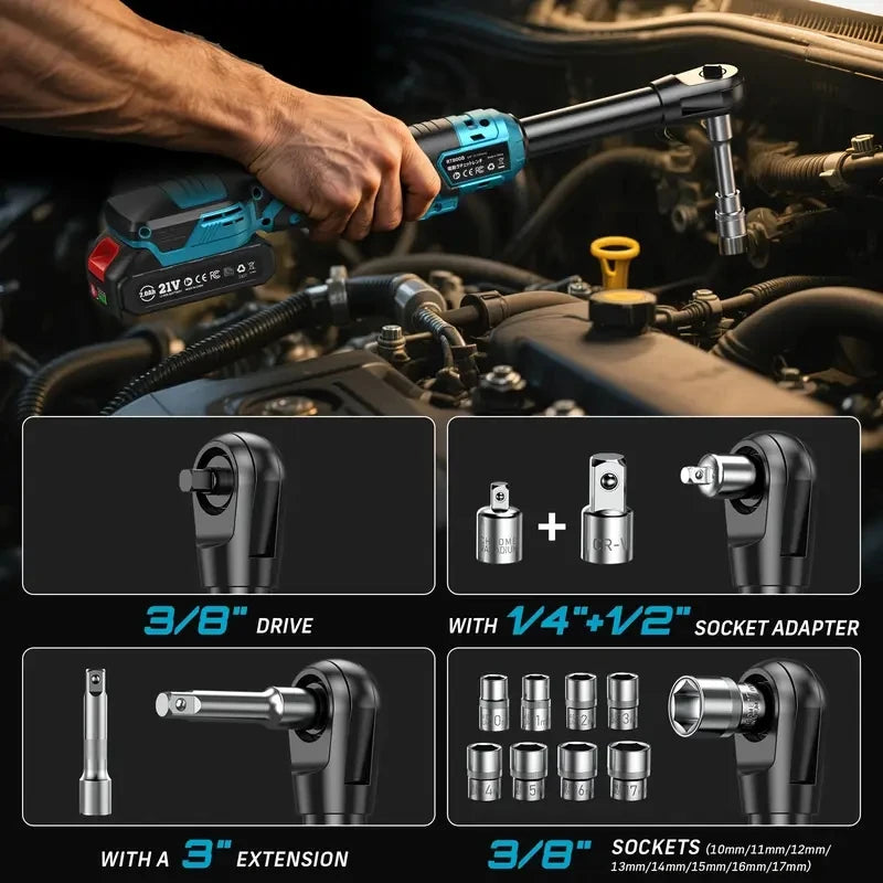 21V Cordless Ratchet Wrench 3/8" 80Nm Extended