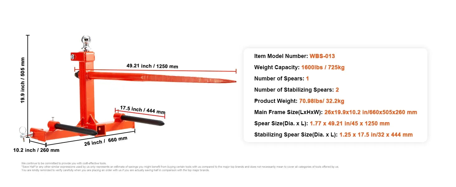 39" Hay Spear Bale Spears 1600lbs Loading Capacity Skid Steer Loader Tractor Bucket Attachment with 17.5" Stabilizer