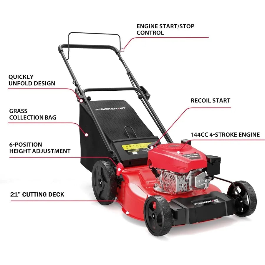 Gas Powered 21Inch 144cc Engine 2in1 WalkBehind Push Lawn Mower for Large Yard Maintenance Oil Included Ideal for Residential a