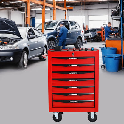 7-Drawer Rolling Tool Cabinet - Lockable Steel, Red