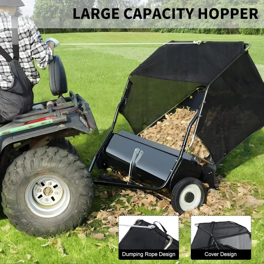 44" Heavy Duty Tow Behind Lawn Sweeper with Adjustable Brush, 25 cu ft Capacity for Leaves & Grass