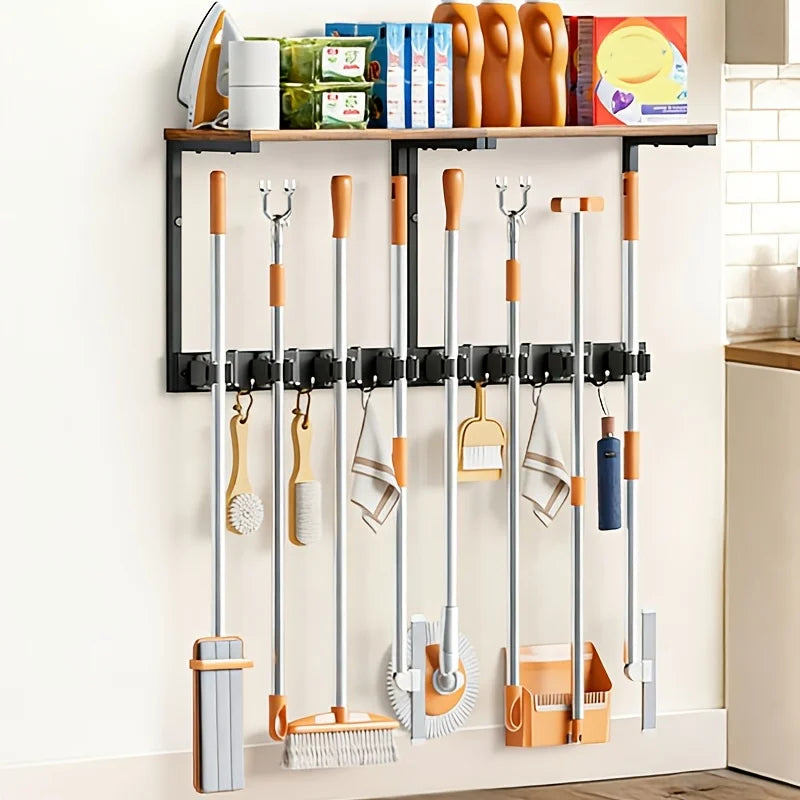 Wall-Mounted Broom & Mop Holder with Wood Storage Shelf