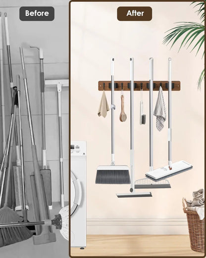 Wooden Broom Holder Wall Mount - 4 Holders 4 Hooks