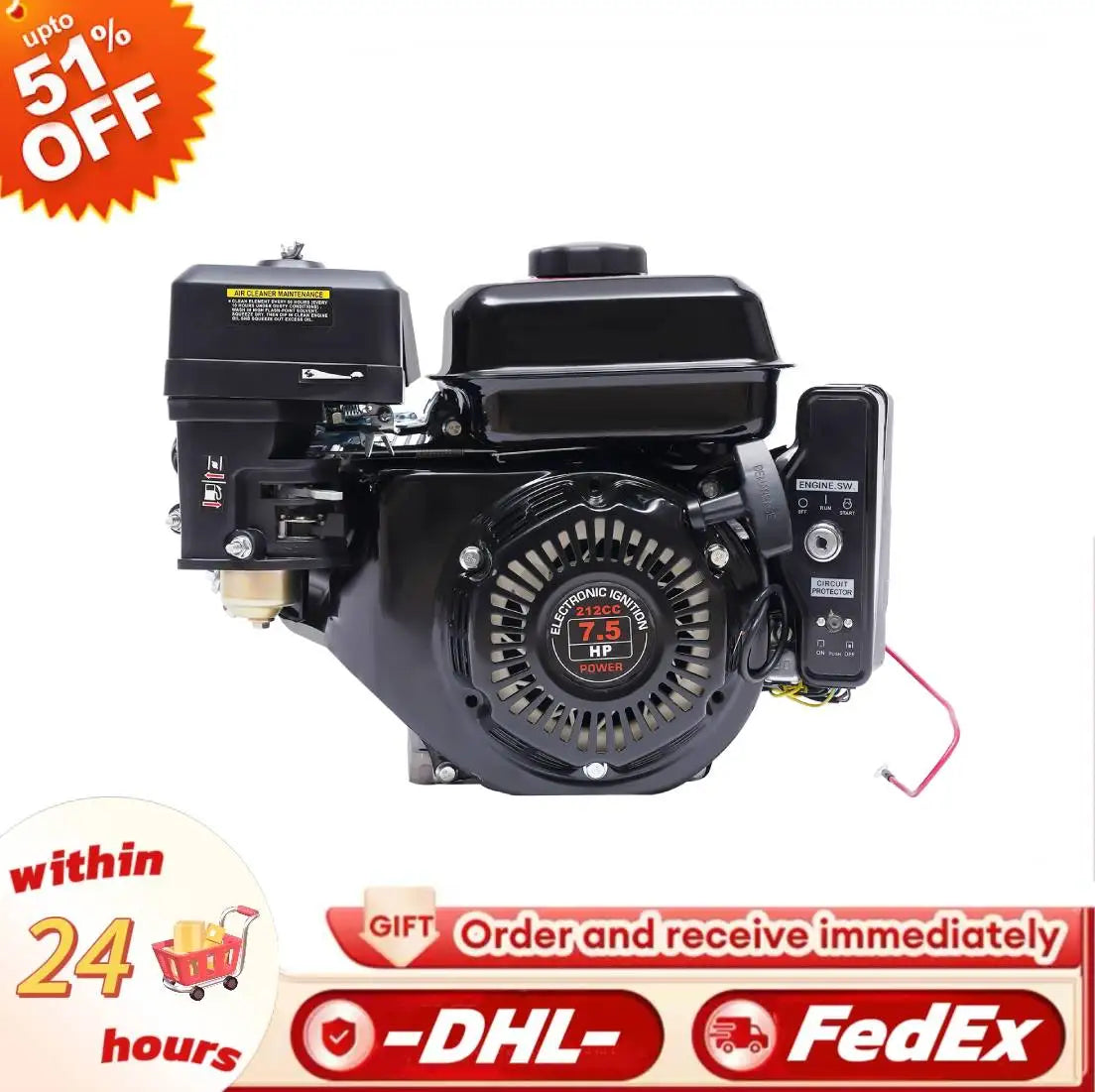 4 Strokes 212cc 7.5HP Gas Engine with Electric Start Upgrade Version For Go Kart Pressure Washers Log Splitters