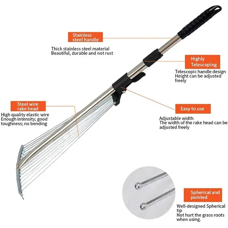 Small Garden Rake Quick Sweep Adjustable Aluminum Alloy Multi Toothed Comfortable To Grip Garden Leaf Rake for Lawn