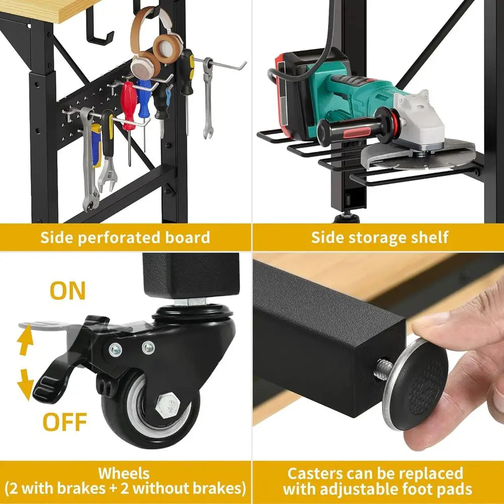 60" Adjustable Workbench with Pegboard, Heavy Duty Wood Top Work Bench with Wheels, 1600 LBS Load acity, Rolling Work Table with