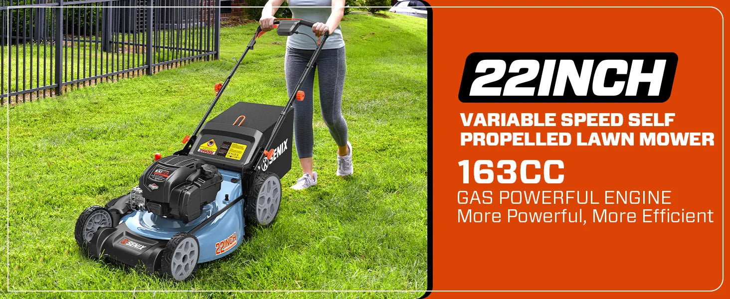 Self Propelled Lawn Mower Gas Powered 163cc 4-Cycle Engine Rear Wheel Drive Variable Speed 6 Height Adjustments