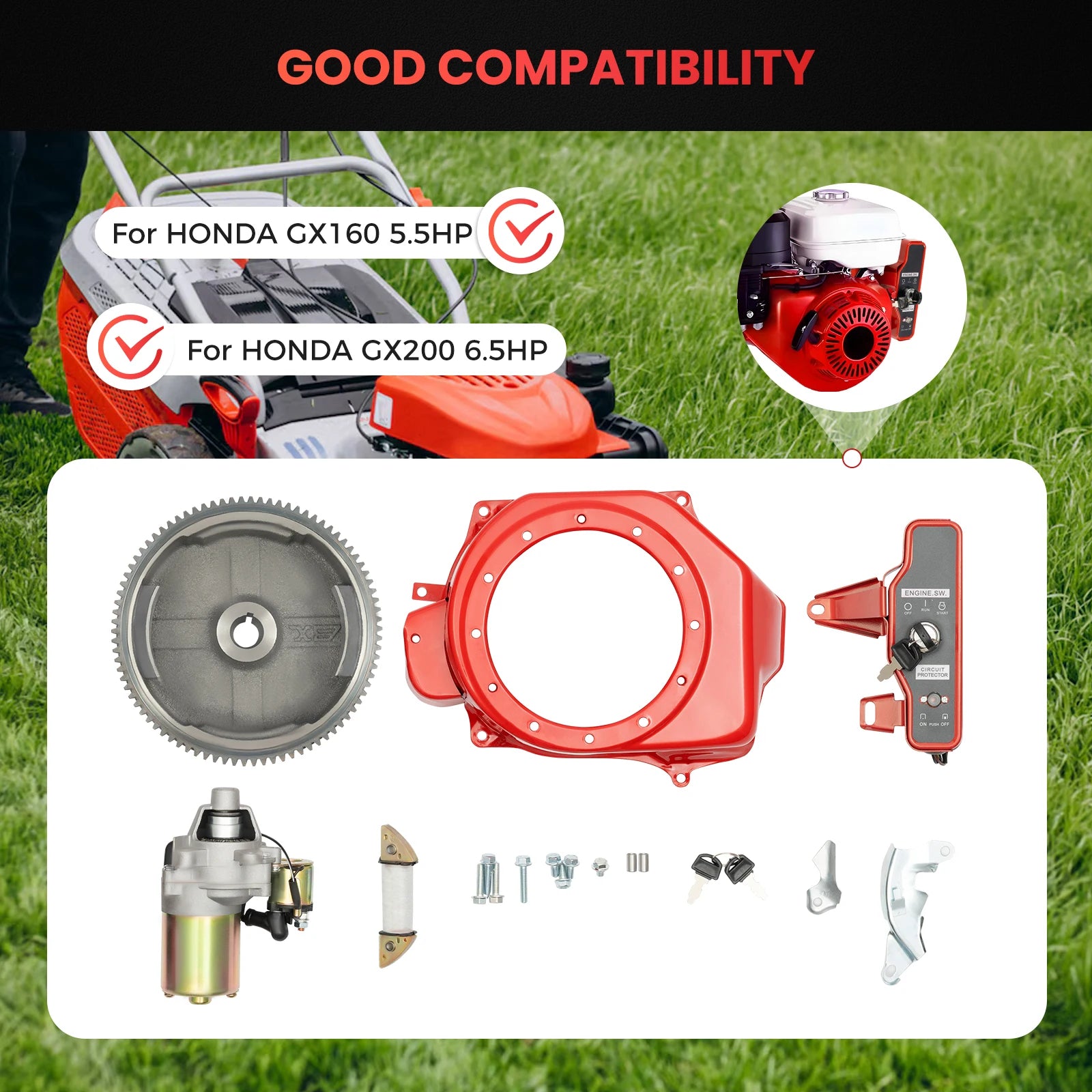 Electric Start Motor Kit for HONDA GX160 GX200 5.5HP 6.5HP Engine Flywheel Key Switch Box Conversion from Manual to Electric