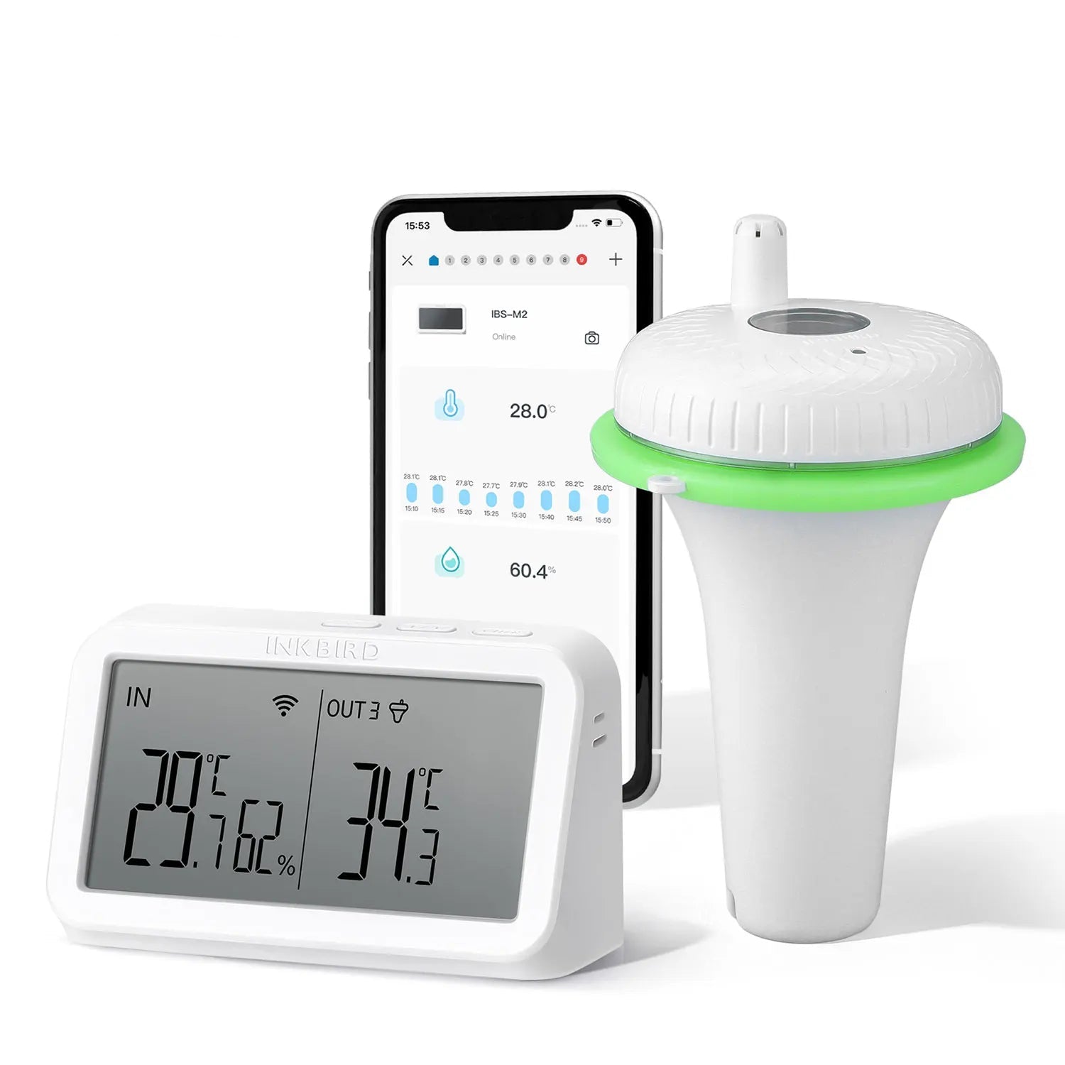 2nd-Gen Wireless Pool Thermometer with IBS-M2 Wifi Gateway Combo Waterproof Digital Floating Thermometer for Spa Pond