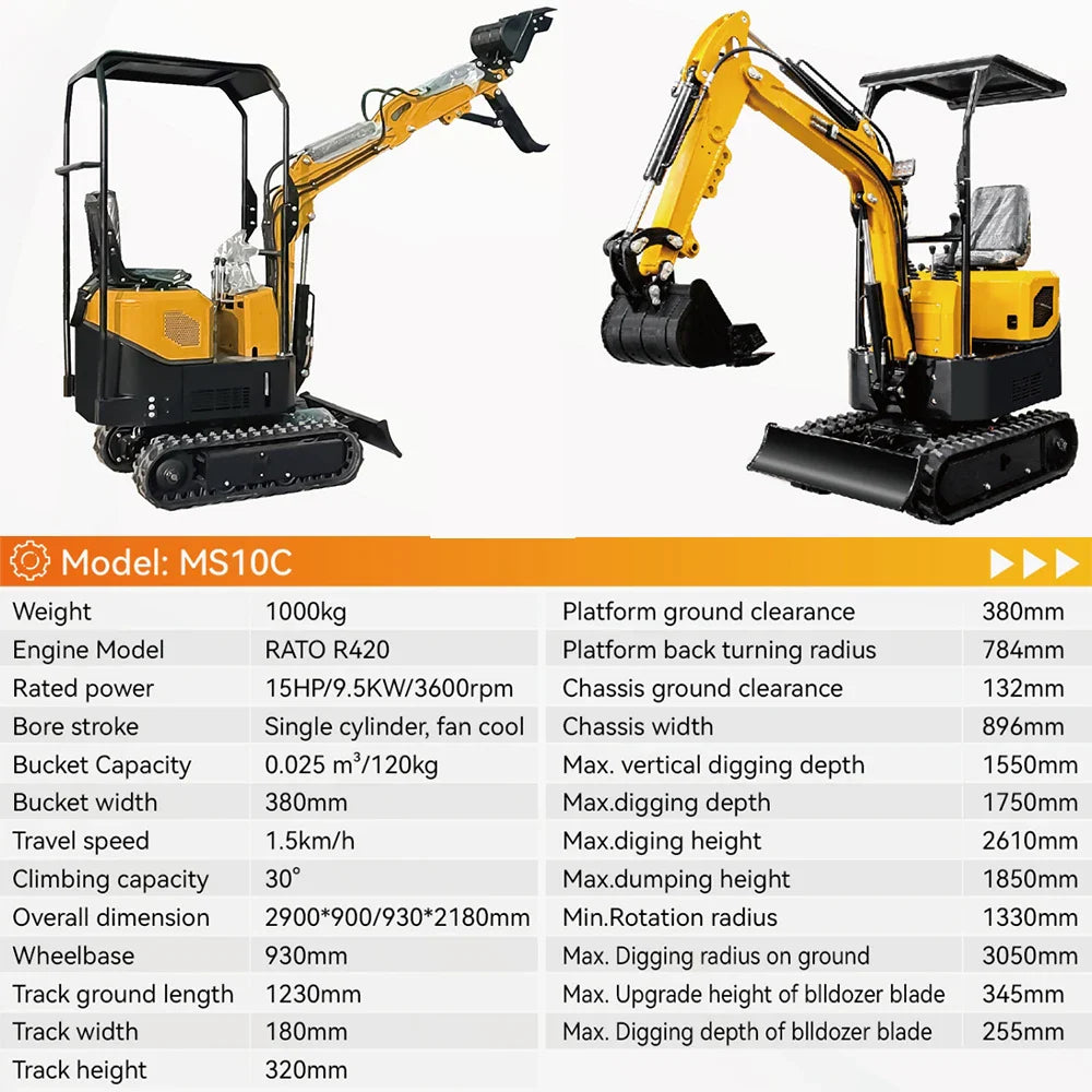 Mini Excavator 1 ton Hydraulic Crawler Excavator 13.5HP Small Trencher Digger For Farm Garden