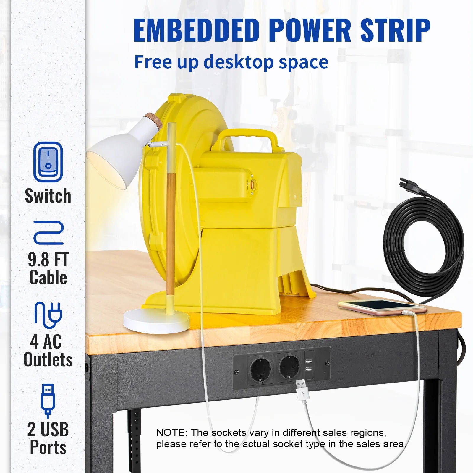 2000 lbs Adjustable Garage Workbench 48/61" L x 20" W Work Table with 28.3"-38.1" Height & Hardwood Top for Office Home