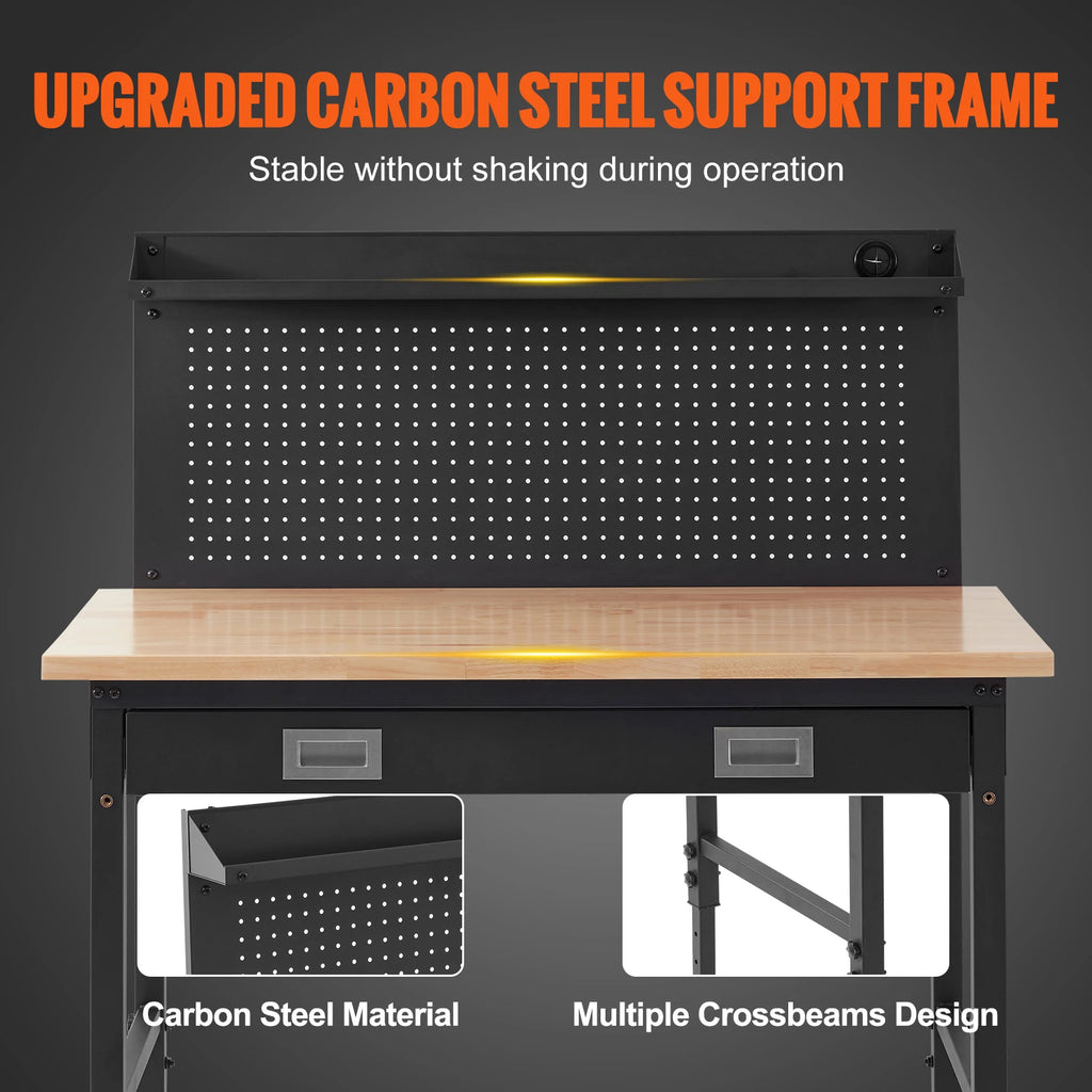 2000lbs Hardwood Workbench Oak Plank Garage Work Table Carbon Steel with 3m Cable 30 Hooks for Garage Office Workshop