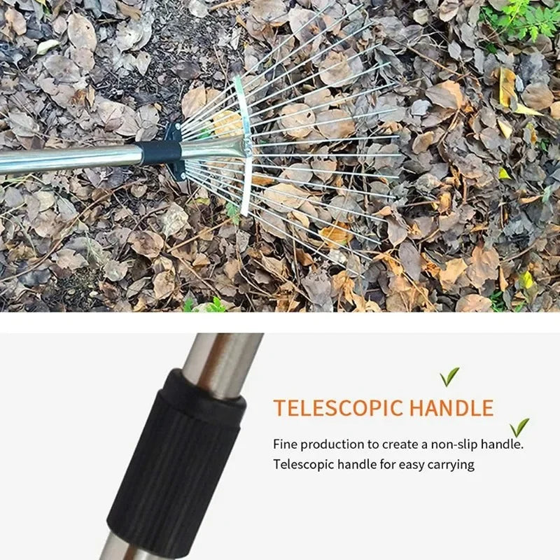Small Garden Rake Quick Sweep Adjustable Aluminum Alloy Multi Toothed Comfortable To Grip Garden Leaf Rake for Lawn