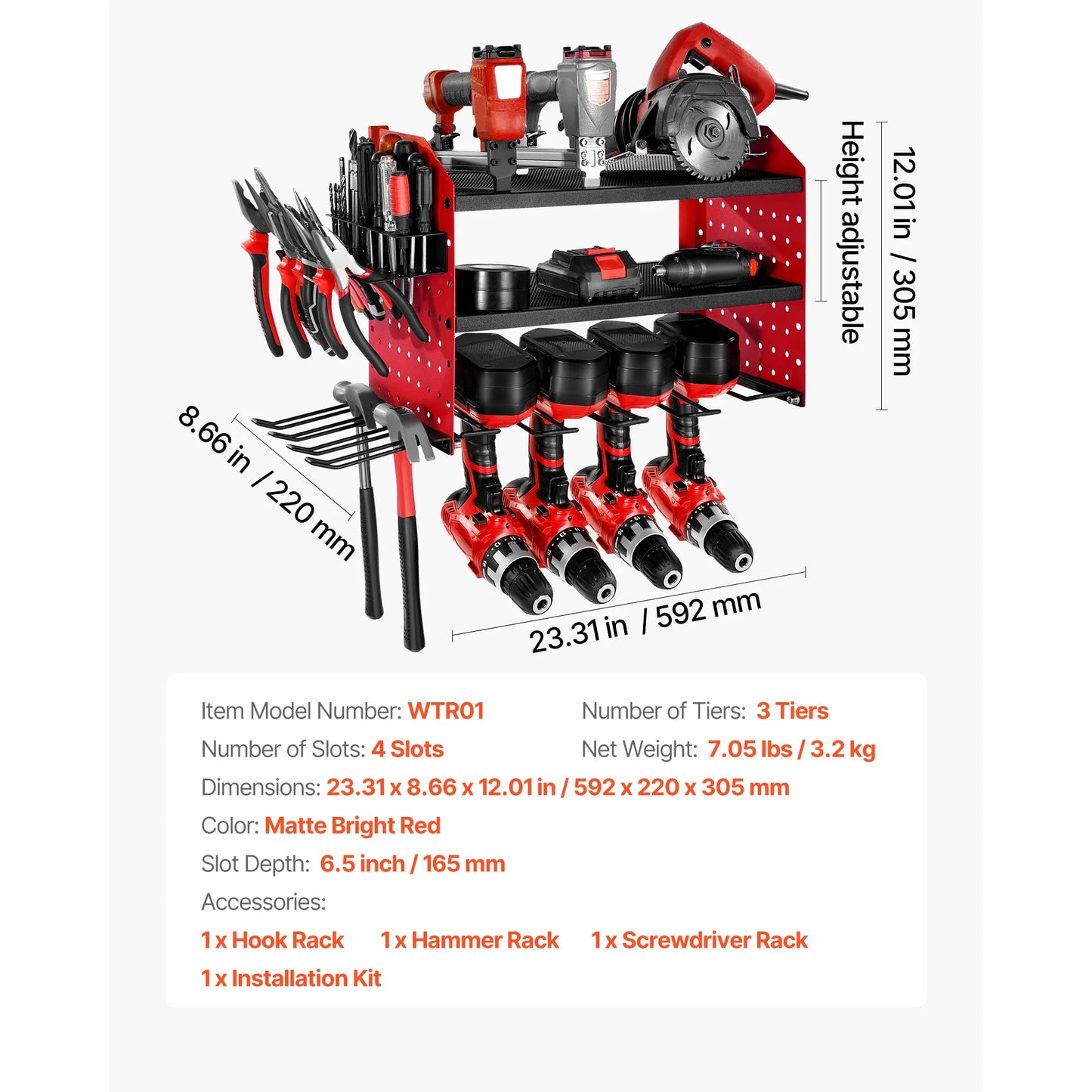 3-Layer Power Tool Wall Mount Storage Rack - Pegboard