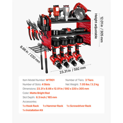 3-Layer Power Tool Wall Mount Storage Rack - Pegboard
