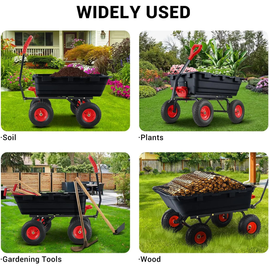 800 Lbs Garden Dump Carts, Heavy Duty Yard Cart, 4 Wheel Wheelbarrow with 10in Tires,180°Rotating Handle, for Plants, Soil, Sand