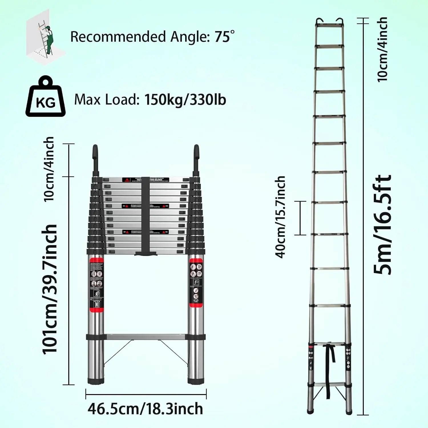 Telescoping Ladder Stainless Steel Folding Ladder Portable Extendable Loft Ladder Capacity Max Load 150kg/330lb,EN131