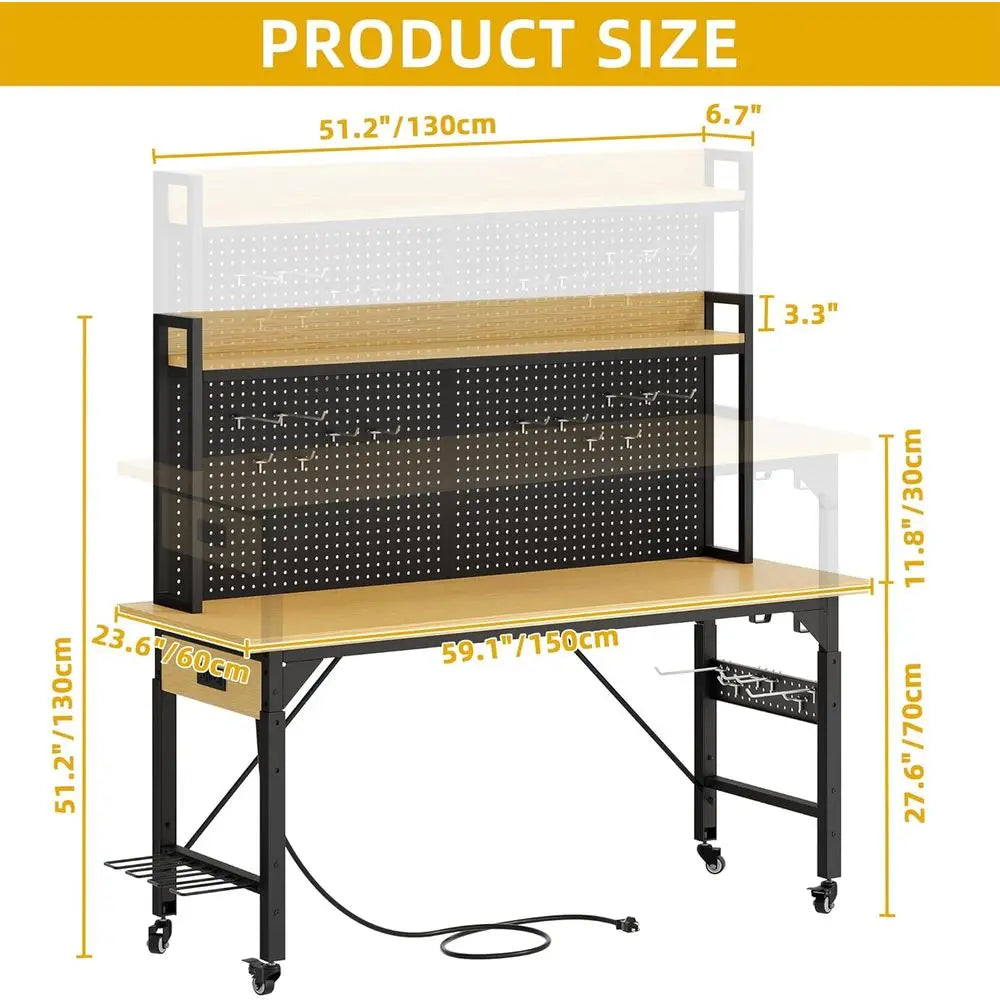 60" Adjustable Workbench with Pegboard, Heavy Duty Wood Top Work Bench with Wheels, 1600 LBS Load acity, Rolling Work Table with