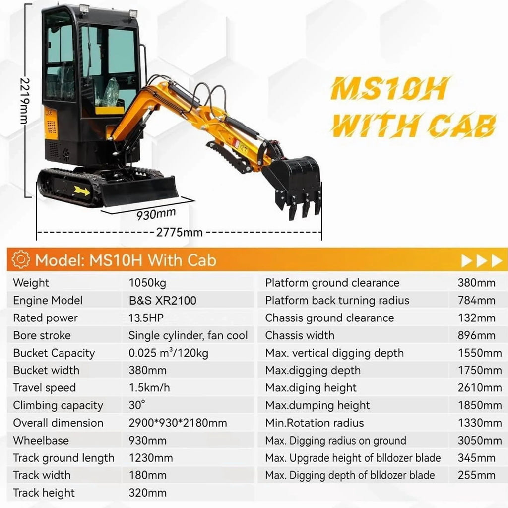 Mini Excavator 1 Ton Crawler Excavator 13.5HP B&S Engine Enclosed Cab Samll Digger Door to Door Shipping