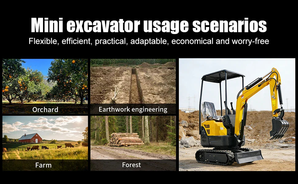 Mini Crawler Excavator 1.2 Ton EPA Engine Small Digger for Garden Farm Engineering Work, Multiple Auxiliary Tools Compatible.