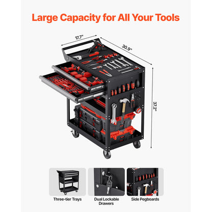 Rolling Tool Cart 5-Tier with Pegboard & 2 Drawers