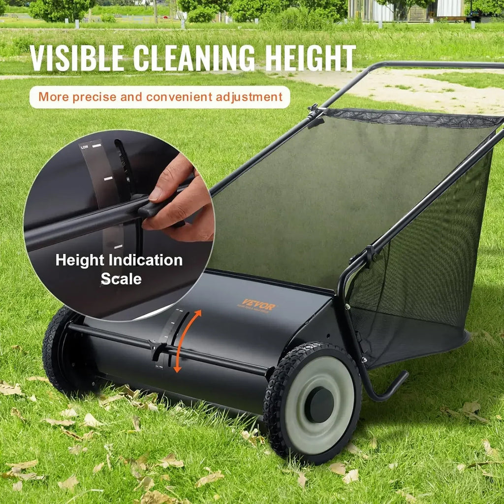 Push Lawn Sweeper, 26 Inch Leaf & Grass Collector, Strong Rubber Wheels & Heavy Duty Thickened Ste