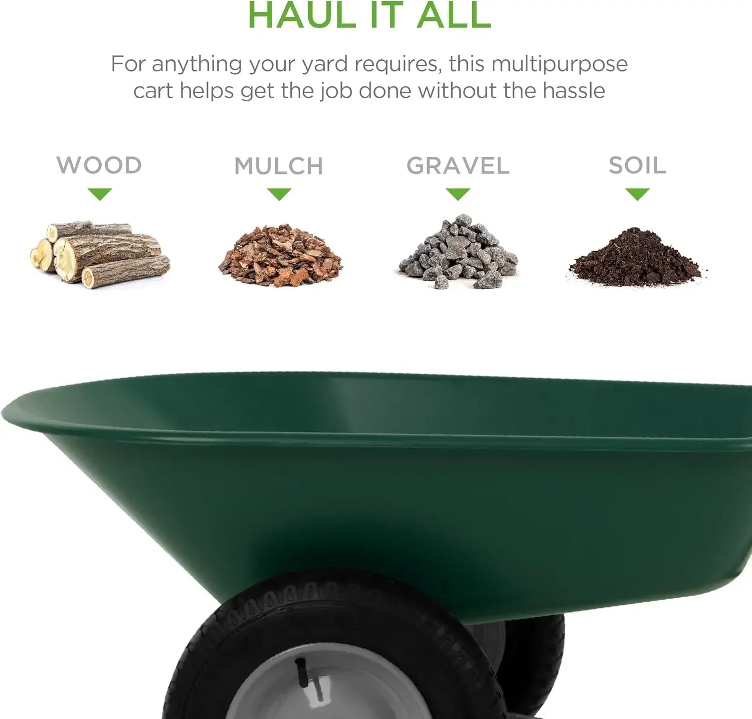 Dual-Wheel Home Utility Yard Wheelbarrow Garden Cart w/Built-in Stand for Lawn, Gardening, Construction - Greencustomizab