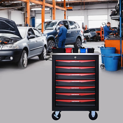 7-Drawer Rolling Tool Cabinet - Lockable Steel, Red